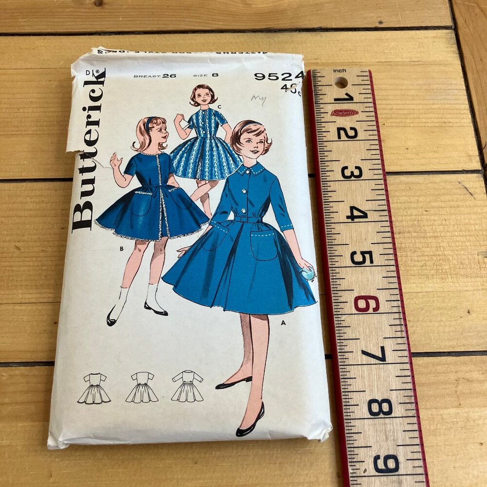 Girl's Coat Dress Butterick 9524 Sewing Pattern Girl's Size 8 Vintage 1960s